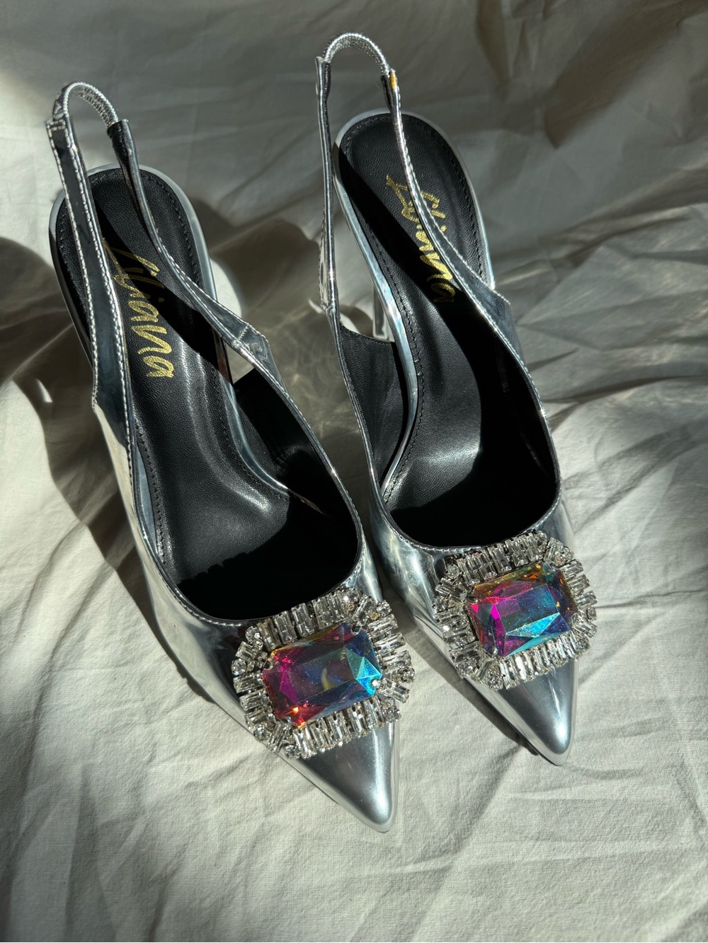 Silver Slingback Pointed-Toe Heels with Iridescent Crystal Accent